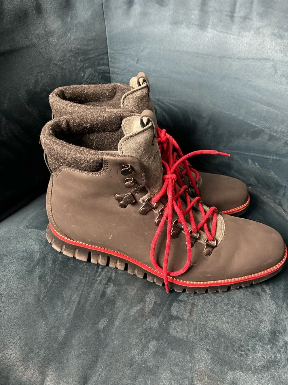 Cole Haan Zerogrand Rugged Chukka Boots feature grey suede with Red Laces